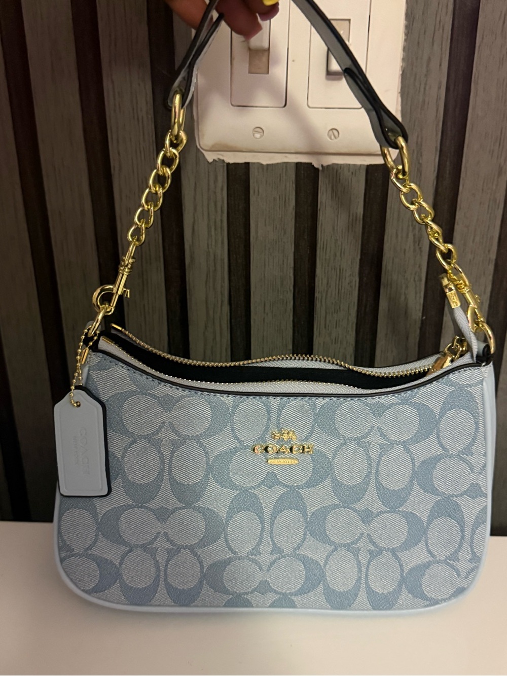 Coach Light Blue Signature Jacquard Shoulder Bag with Gold Chain
